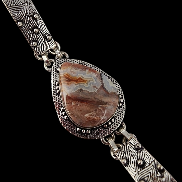 Agate gemstone bracelet silver chunky statement artisan crazy lace agate J30 - Picture 14 of 15